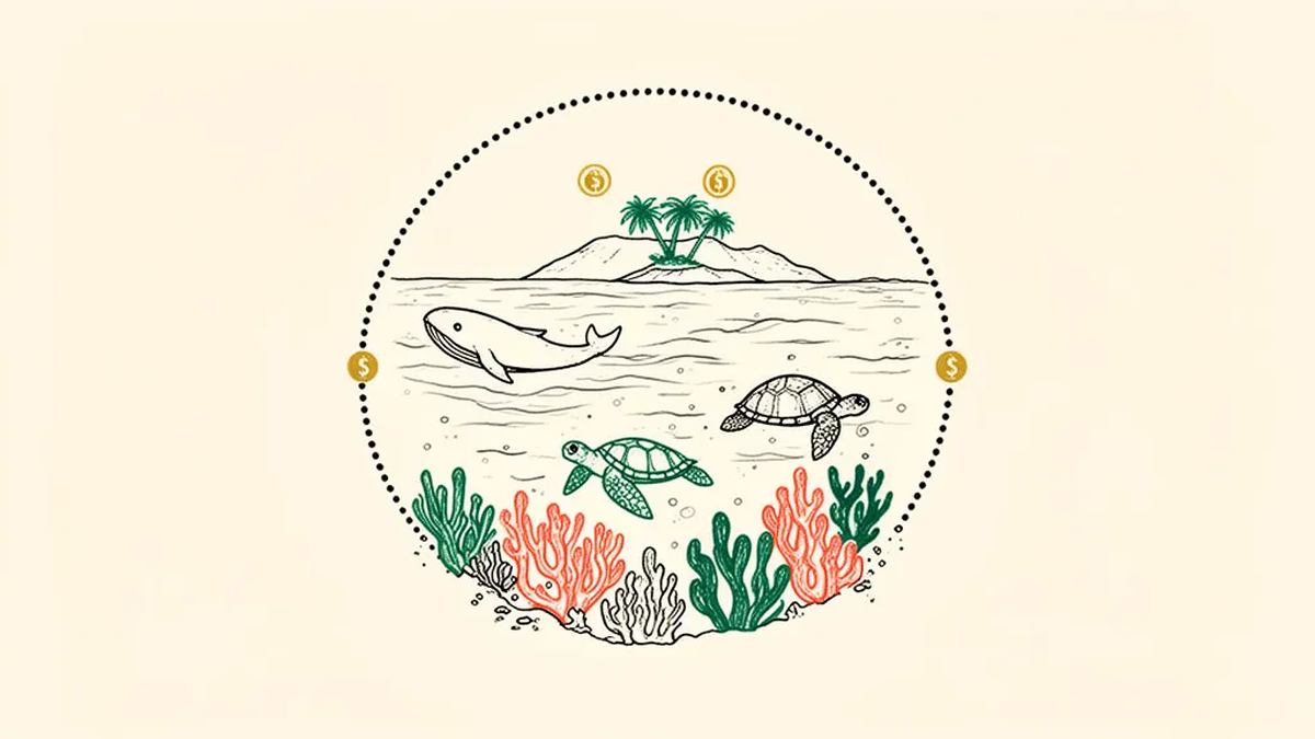Illustration of an island, a whale, a sea turtle and coral inside a dotted protected-area boundary marked with coins