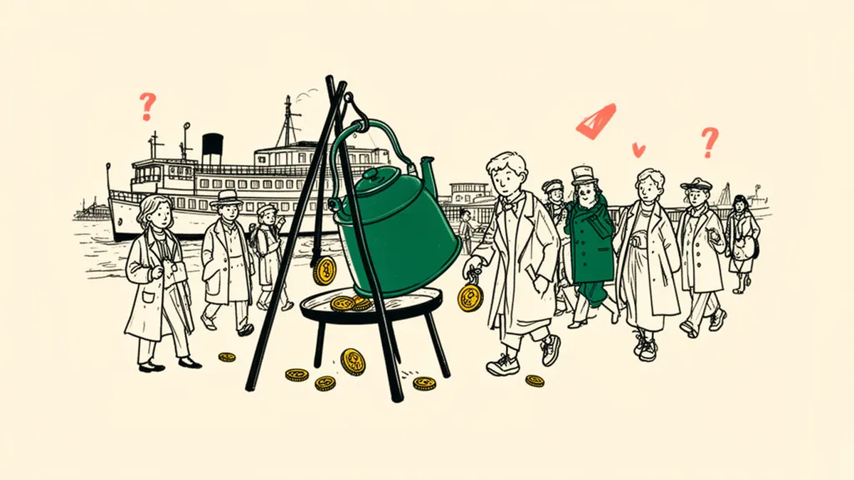 An iron pot on a tripod at a busy ferry landing, with people walking past and dropping coins