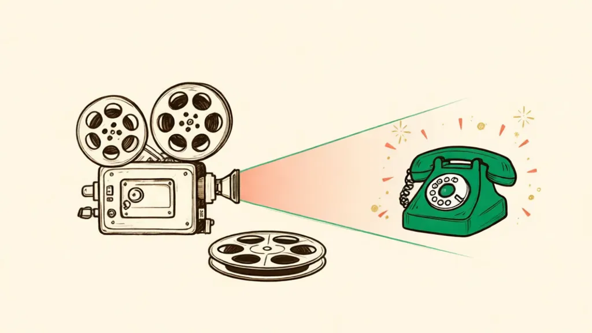 A film projector casting a beam of light across the frame; where the light lands, a telephone is ringing