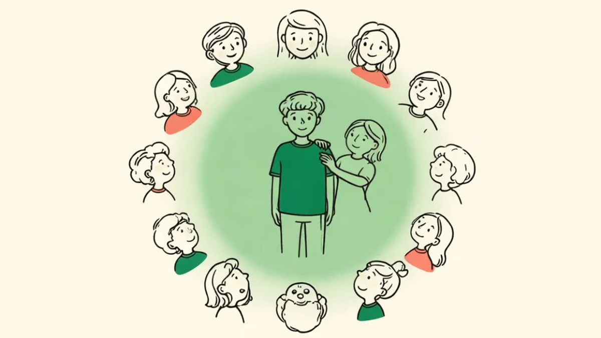 A young person standing inside a warm green circle, surrounded by friendly figures turned toward them, one resting a hand on their shoulder