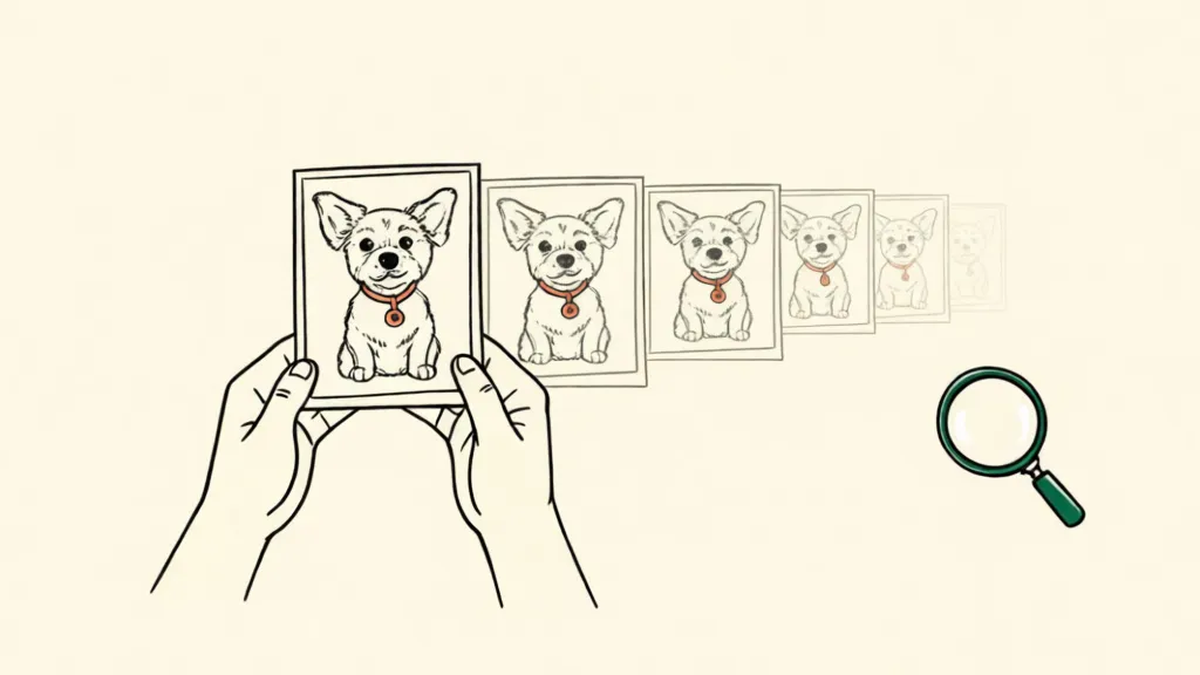 Two hands hold up a photo of a small dog while the same photo repeats behind it, fading, next to a magnifying glass