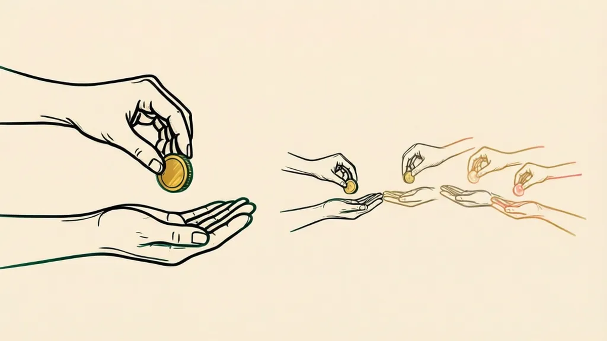One hand drops a small coin into another open hand, and the gesture repeats several times to the right