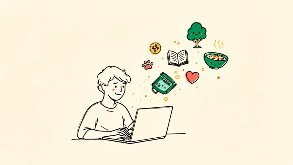A doodle of a person at a laptop with volunteer cause icons — a tree, a paw print, a book, a soup bowl, a heart — floating up from the screen.