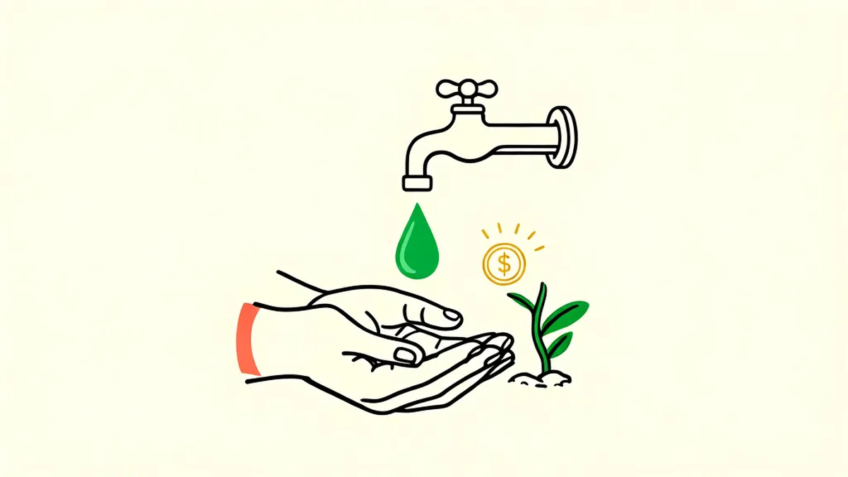 Cupped hands catching a drop of clean water beside a sprouting seedling