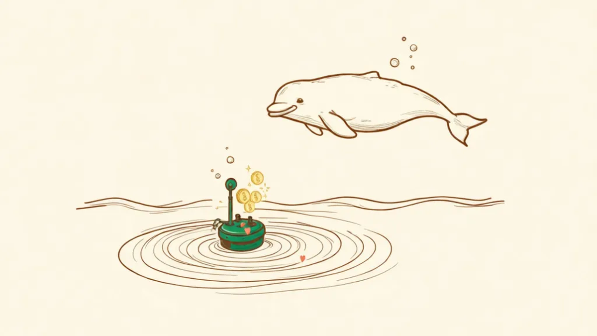 Illustration of an underwater recorder resting on a riverbed with sound ripples spreading out, a beluga whale swimming above it