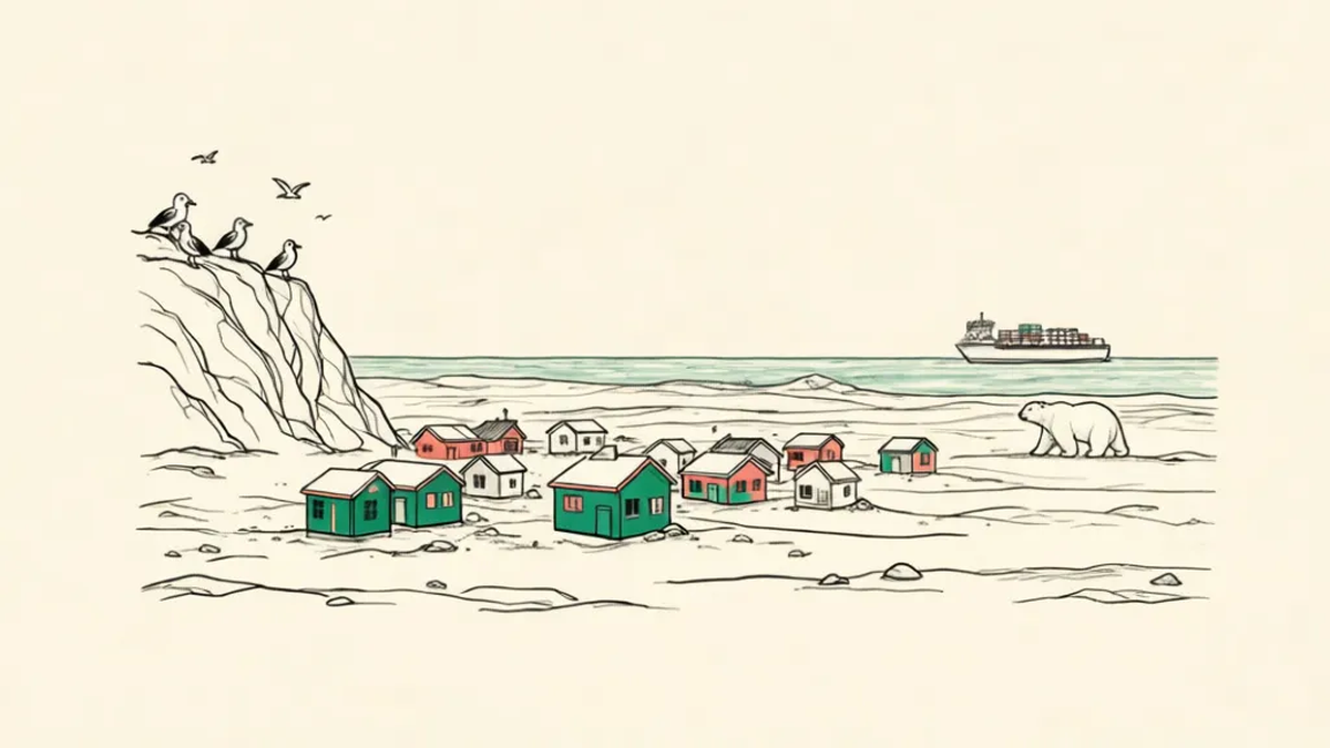 Illustration of a small Arctic coastal village on flat tundra, seabirds on a cliff, a polar bear on the far shore and a cargo ship on the horizon
