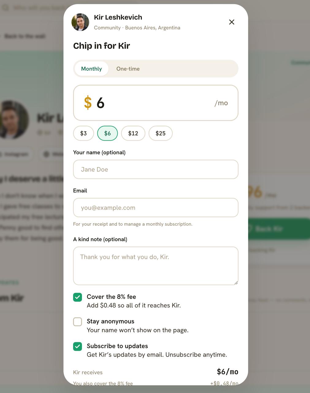Pennygood donation modal showing Monthly $6/mo selected, preset amounts ($3, $6, $12, $25), fee coverage checked (+$0.48), anonymous option, and subscribe to updates checked. Shows Kir receives $6/mo, You also cover +$0.48/mo.